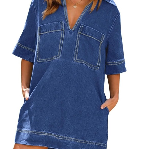 Blue Denim Short Sleeve Casual Tunic Dress - Picture 1 of 5